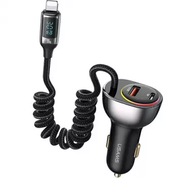 USAMS C37 billaddare 60W 1xUSB-A + 1xUSB-C PD+QC snabbladdning med Lightning-kabel 30W svart CC193CC01 (US-CC193)