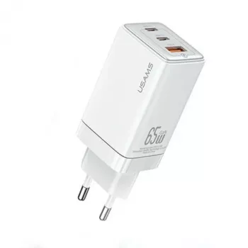 USAMS Sandru-serie CC180TC02 GaN 65W USB-C-laddare (vit) – 2xUSB-C + 1xUSB-A, PD3.0 & QC3.0 snabbladdning, EU-kontakt