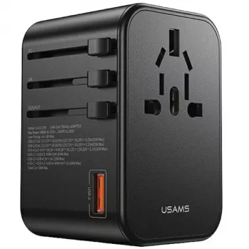USAMS universell reseadapter 65W 1xUSB-A + 2xUSB-C T62 med utbytbara kontakter US/AU/EU/UK svart CC199TC01 (US-CC199)