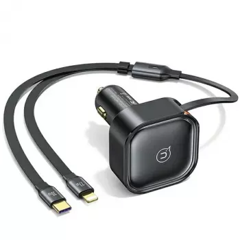 USAMS C41 billaddare 30W PD snabbladdning med indragbara USB-C- & Lightning-kablar svart (US-CC219)