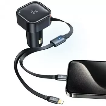 USAMS C41 billaddare 30W PD snabbladdning med indragbara USB-C- & Lightning-kablar svart (US-CC219)