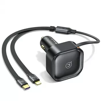 USAMS billaddare med indragbar kabel 2xUSB-C C41 PD 30W snabbladdning svart CC220CC01 (US-CC220)