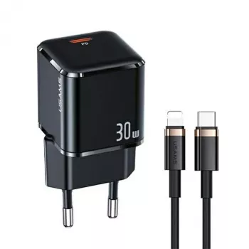 USAMS T45 30W PD3.0 USB-C snabbladdare med U63 USB-C till Lightning-kabel, svart, UXTZH01