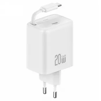 USAMS YC Series GaN 20W USB-C nätadapter med indragbar USB-C-kabel, PD+QC snabbladdning, vit (US-CC233)