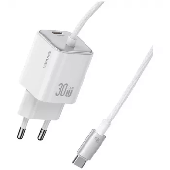 USAMS JC Series CC264 30W GaN mini-snabbladdare, USB-C med inbyggd USB-C-kabel, vit
