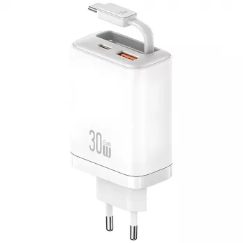 USAMS Xiang Series CC296 30W USB-C/USB-A laddare med USB-C-kabel vit