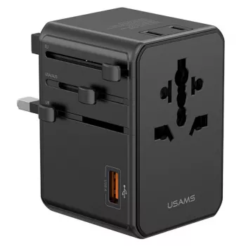USAMS universell reseadapter T72 65W GaN 4-i-1 US/AU/EU/UK svart