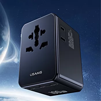 USAMS universell reseadapter T72 65W GaN 4-i-1 US/AU/EU/UK svart