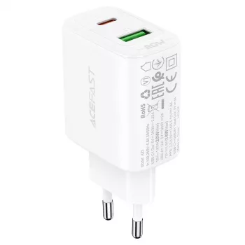 Acefast A25 väggladdare, USB + USB-C, PD 20W (vit)