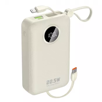 Powerbank Dudao K14+ 20000mAh 22,5W USB-C / USB-A med inbyggda Lightning- och USB-C-kablar – vit
