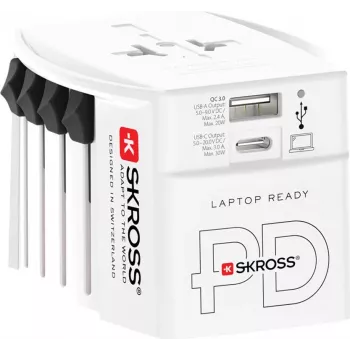 SKROSS MUV USB AC30PD världsreseadapter med USB-laddare, vit
