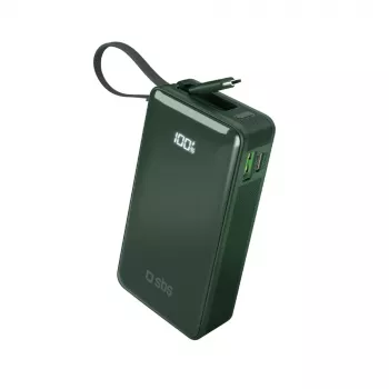 SBS powerbank 10000 mAh med inbyggd USB-C-kabel grön
