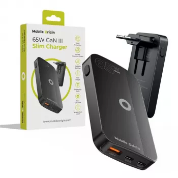Mobile Origin 65W GaN Slim Dual USB-C Single USB-A svart väggladdare