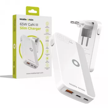 Mobile Origin 65W GaN Slim Dual USB-C Single USB-A väggladdare, vit