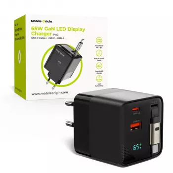 Mobile Origin 65W GaN-laddare USB-C utdragbar kabel + USB-A 75 cm