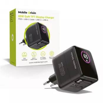 Mobile Origin 65W GaN-laddare PW3 USB-C utdragbar kabel 65 cm + USB-A svart