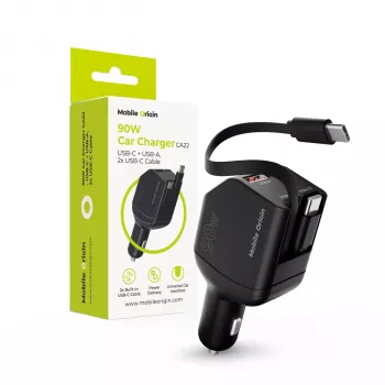 Mobile Origin 90W bilbatteriladdare CA22 USB-C+USB-A med 2x 60 cm kablar