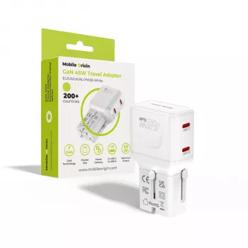 Mobile Origin 45W reseadapter EU/US/UK/AU PW26, vit