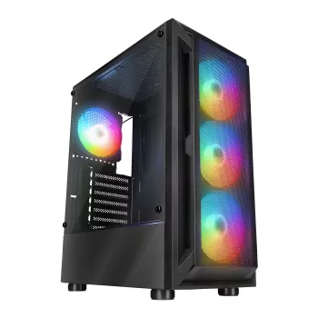 Rampage SHIVA mid tower-datorchassi med sidofönster av härdat glas och 4x 120 mm Rainbow RGB-fläktar, svart