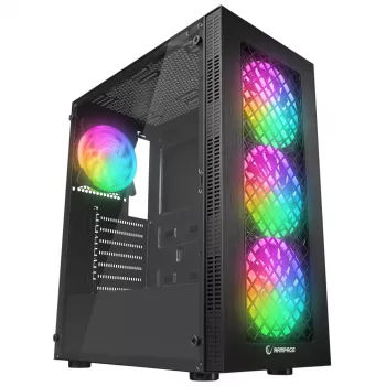 Rampage PLAID V1 Mid Tower PC-chassi med härdat glasfönster, 4x 120mm RGB-fläktar, svart