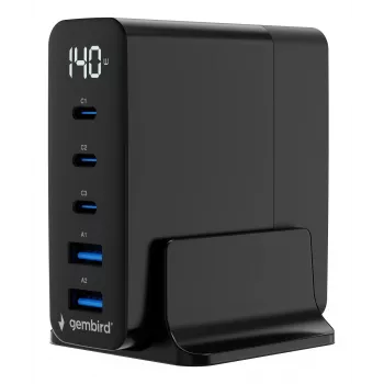 GEMBIRD TA-UC-2A3C-PD140-01-BK GaN 5-portars USB-C & USB-A-snabbladdare, 140 W, svart