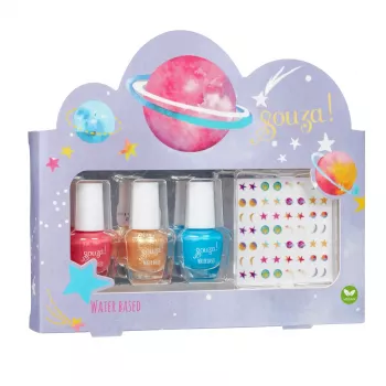 SOUZA! Galaxy barn nagellackssats - 3 vattenbaserade peel-off nagellack med klistermärken
