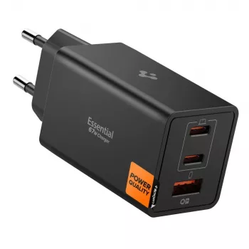 Spigen Essential EE673EU 67W GaN 3-portars USB-C/USB-A väggladdare svart