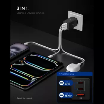 Spigen Essential EE673EU 67W GaN 3-portars USB-C/USB-A väggladdare svart