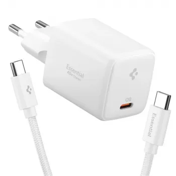 SPIGEN EE451EU Essential 1-portars nätverksladdare 45W + USB-C-kabel vit