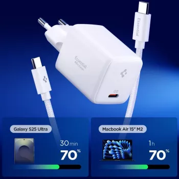 SPIGEN EE451EU Essential 1-portars nätverksladdare 45W + USB-C-kabel vit