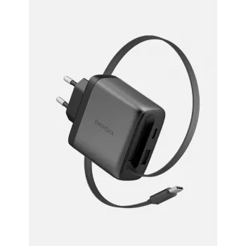 ENERGEA Ampcharge Arc 65W GaN USB-A/USB-C väggladdare med infällbar USB-C-kabel gunmetal