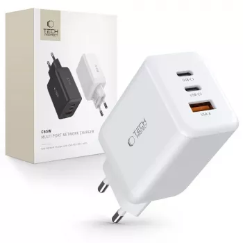 TECH-PROTECT C65W 3-portars nätverksladdare PD 65W / QC3.0 vit