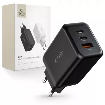 TECH-PROTECT C65W 3-portars nätverksladdare PD 65W / QC3.0 svart