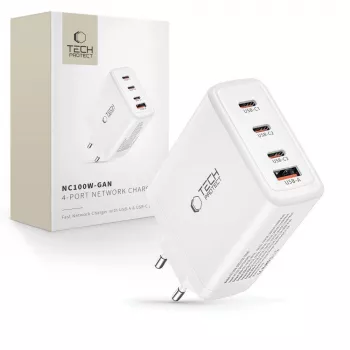 Tech-Protect NC100W-GAN 4-PORT vit GaN väggladdare 100W USB-C USB-A