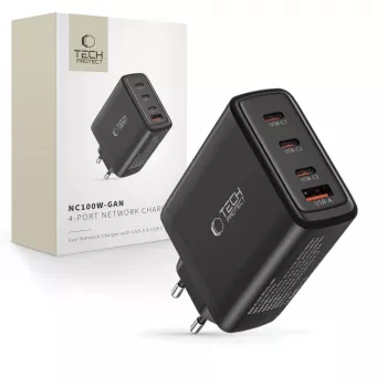 Tech-Protect NC100W-GAN 4-PORT svart GaN väggladdare 100W USB-C