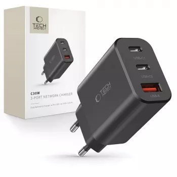 Tech-Protect NC30W 3-portars USB-C laddare svart 30W