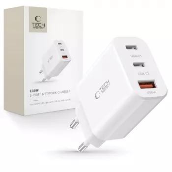 Tech-Protect NC30W 3-portars USB-C & USB-A väggladdare 30W vit