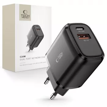 TECH-PROTECT C20W 2-ports nätladdare PD20W/QC3.0 svart