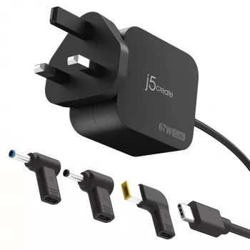 J5CREATE 67W GaN PD USB-C miniladdare med 3 typer av DC-kontakter