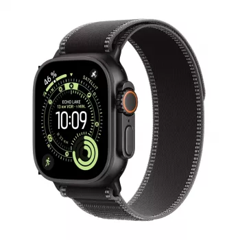 Apple Watch Ultra 3 GPS + Cellular 49 mm Black Titanium-gehäuse med Black/Charcoal Trail Loop – M/L