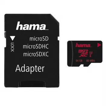 Hama microSDXC 64GB UHS Speed Class 3 UHS-I läsning 100MB/s skrivning 30MB/s med SD-adapter