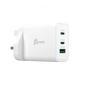 J5CREATE 65W GaN USB-C 3-port laddare UK vit