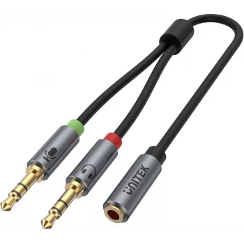 UNITEK Y-C957ABK 3,5mm mini-jack ljudsplitterkabel, uttag till 2x plugg, 20 cm, svart