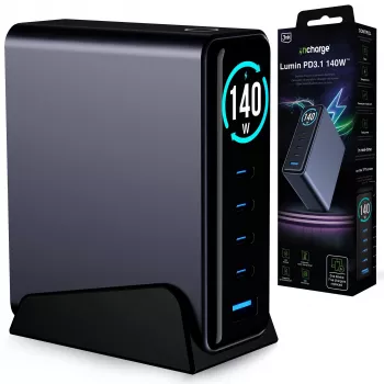 3mk InCharge Desktop Charger Lumin PD3.2 140W QC5 PPS AFC FCP SCP 1A4C TFT GaN3 Display svart