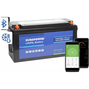 EUROPOWER LFP 12/150/E/B/HT/SH LiFePO4-batteri 12,8V 150Ah Bluetooth värmematta