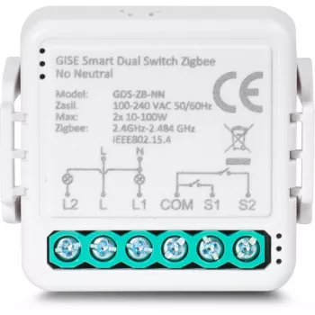 GISE smart dubbelrelämodul (utan nolledare) Zigbee Tuya GDS-ZB-NN