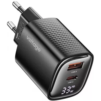 Voltage GaN Charger Mini 33W PD 3.0 QC 3.0 USB-A USB-C digital display svart