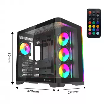 Rampage LYRON Mid Tower gaming-PC-chassi, 7x ARGB PWM-fläktar, härdat glas, svart