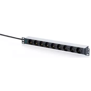 DIGITUS 9-vägs Schuko-grenuttag med aluminiumprofil, 1U rackmontage, 2m kabel, 16A, 3680W, svart/silver