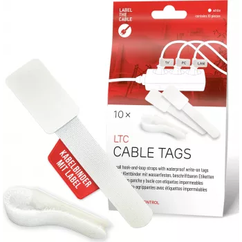 LABEL THE CABLE LTC 2620-10 återanvändbara buntband med kardborreband och integrerade etiketter, vit, 10-pack